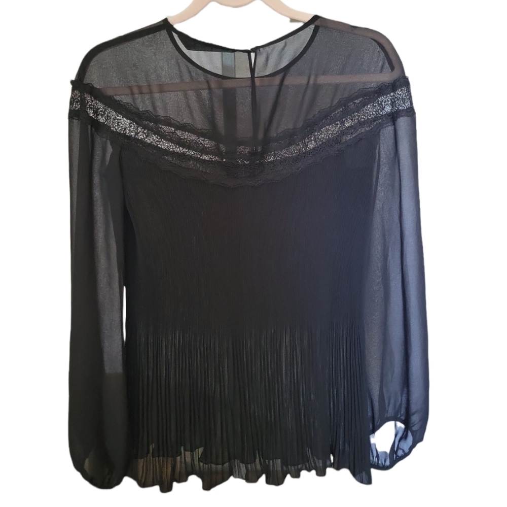 ZARA Black Pleated Chiffon Peasant Top Womens Small Sheer Lace Long Sleeve